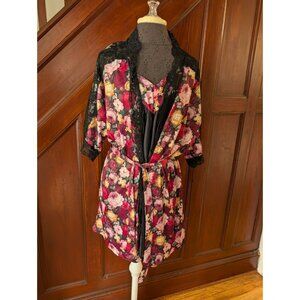 Sopra Lingerie Black Slip Dress & Floral Robe Set Lace Trim Womens Size 2X USA